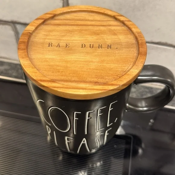 Rae Dunn Black Coffee Mug with Wooden Lid - Picture 2 of 3